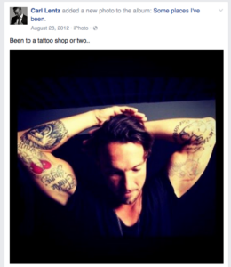 Hillsong pastor Carl Lentz shows off his tattoos on Facebook.
