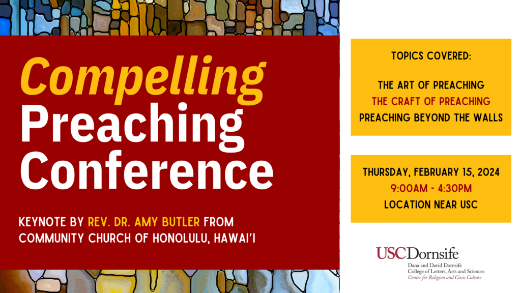 Red text box on top of stain glass motif reads "Compelling Preaching Conference" with additional information listed on this webpage