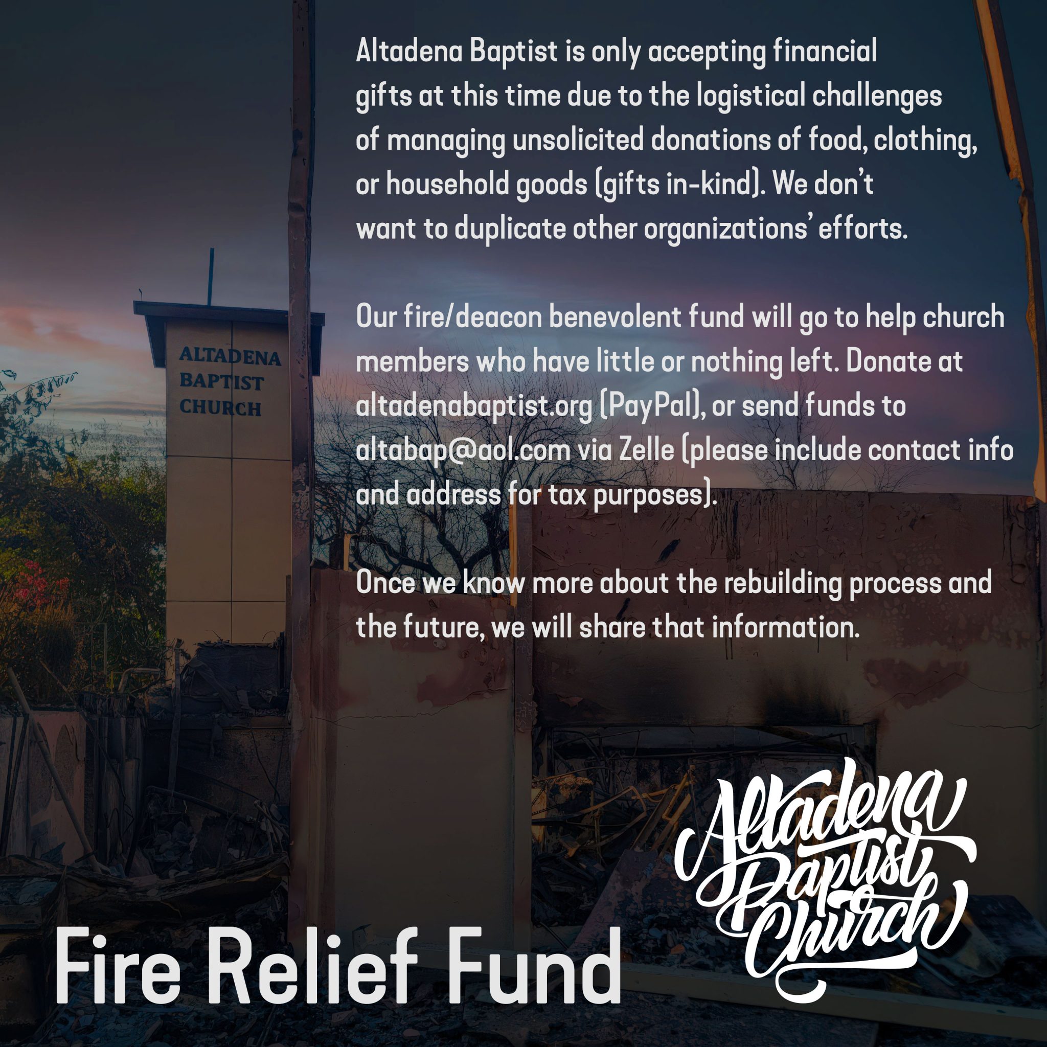 Altadena Baptist Church social media post asking for financial gifts only