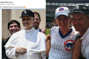 Pope Leo wearing a White Sox hat, and a woman and her father at a Chicago Cubs game