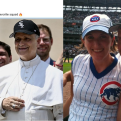 Pope Leo wearing a White Sox hat, and a woman and her father at a Chicago Cubs game