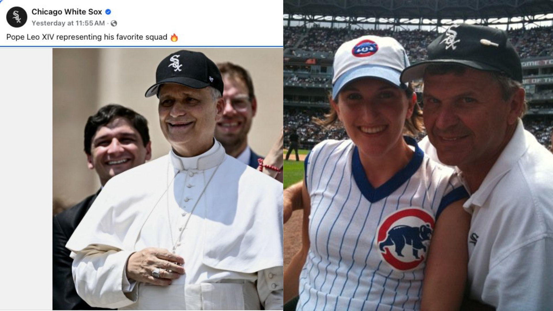 Pope Leo wearing a White Sox hat, and a woman and her father at a Chicago Cubs game